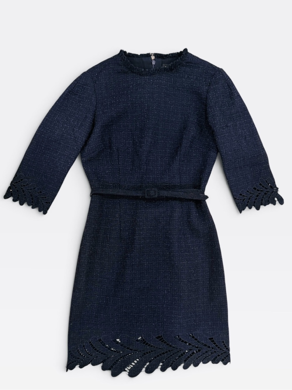 Oscar de la Renta Fern Embroidered Belted Tweed Mini Dress Navy P24 Size 6